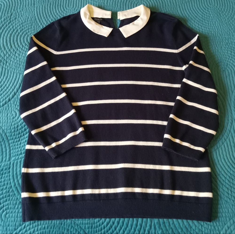 Talbots Striped Blue & White Sweater 3/4 Sleeves Removable Collar